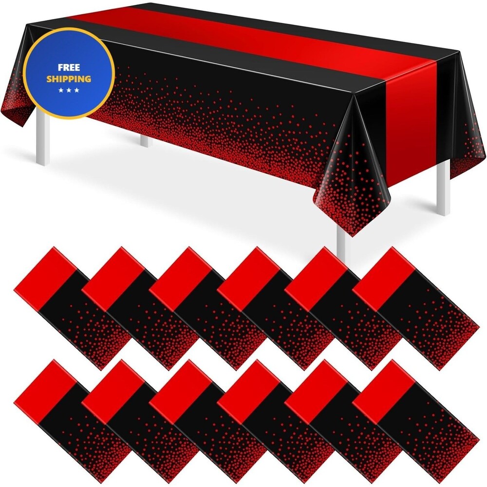 MASHAN 12Pcs Black and Red Tablecloth Party Decorations,Plastic Black Table